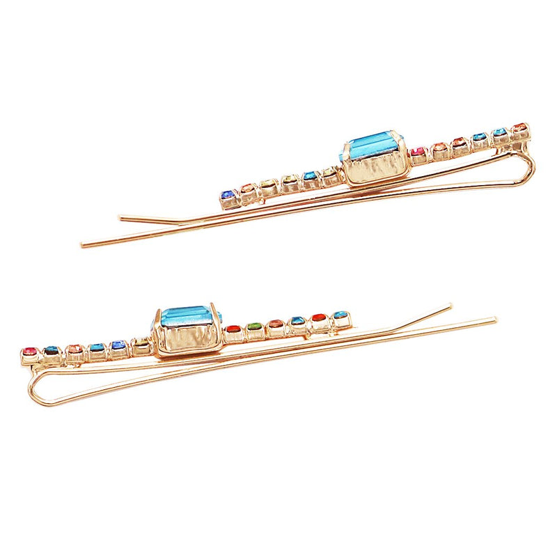 Set of 2 Colorful Baguette Crystal Rhinestone Hair Clip Barrette Bobby Pins Hair Accessories, 2.25" (Blue Center/Gold Tone)