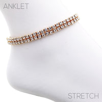Double Row Crystal Rhinestone Stretch Ankle Bracelet Anklet (Gold Tone)