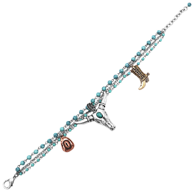Western Style Cowgirl Glam Boot Charms Chain Shoe Accessory Ankle Bracelet (Turquoise Blue Bead And Silver Chains)