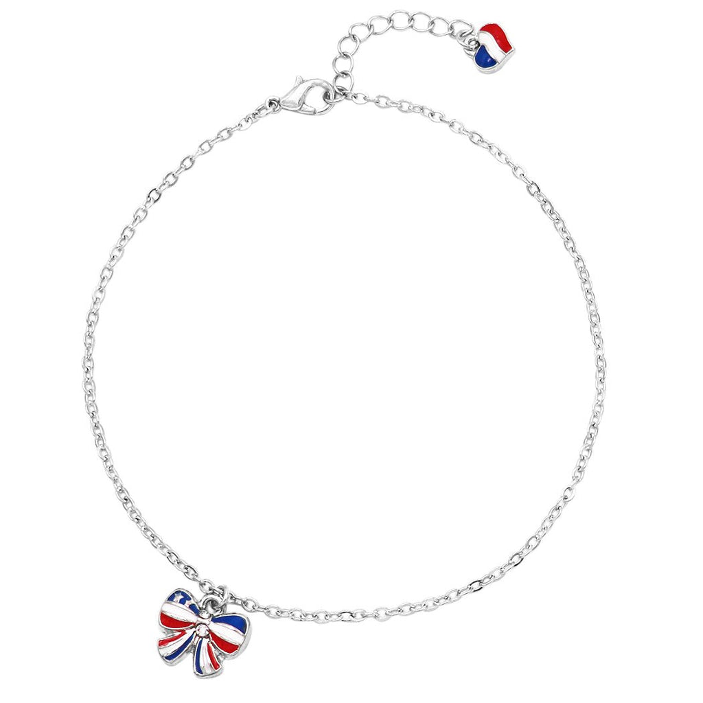 Women's USA Flag Red White and Blue Patriotic Enamel Ribbon Bow and Heart Chain Ankle Bracelet Anklet, 9"-10" with 1" Extender