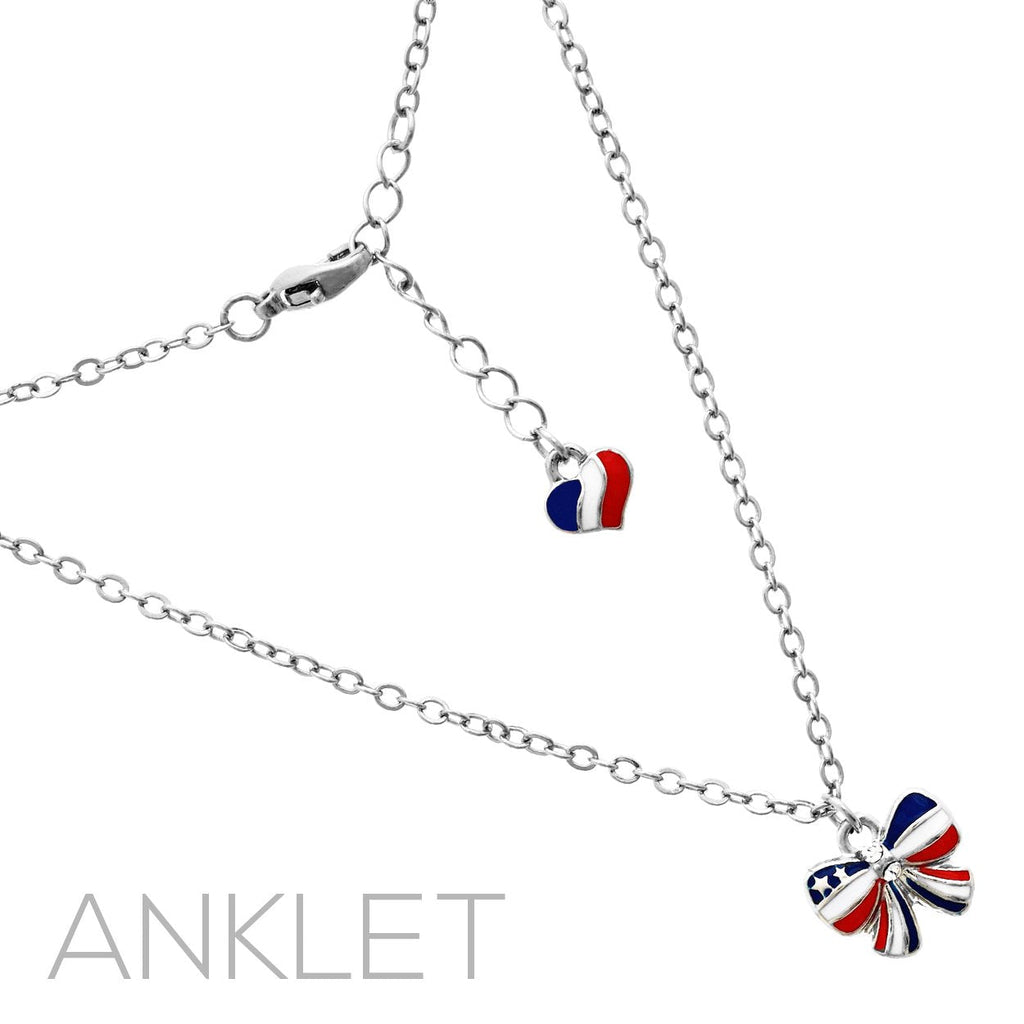 Women's USA Flag Red White and Blue Patriotic Enamel Ribbon Bow and Heart Chain Ankle Bracelet Anklet, 9"-10" with 1" Extender