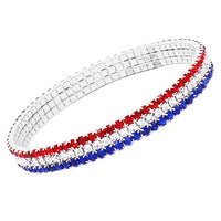 Red White and Blue Patriotic 7.5mm Crystal Statement Stretch Rhinestone Dangle Bracelet