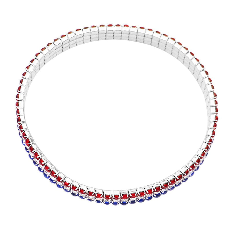 Women's Red White and Blue Patriotic Statement Stretch Rhinestone Bracelet (Small Crystal, 7.5mm)