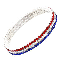 Women's Red White and Blue Patriotic Statement Stretch Rhinestone Bracelet (Small Crystal, 7.5mm)