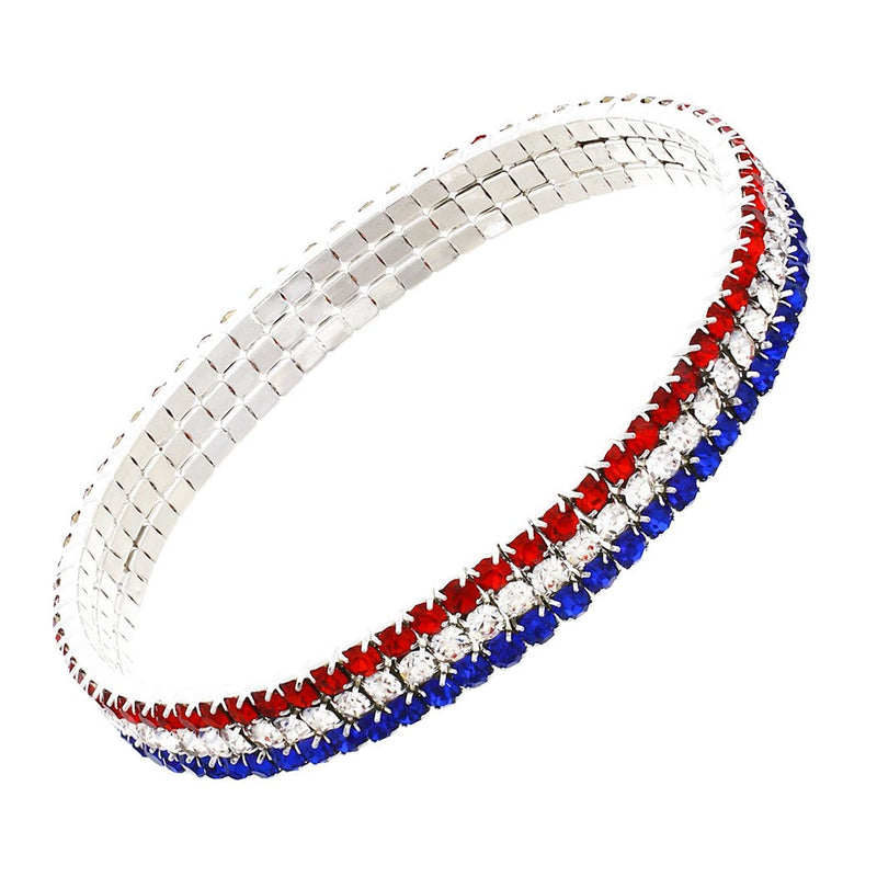 Women's Red White and Blue Patriotic Statement Stretch Rhinestone Bracelet (Small Crystal, 7.5mm)