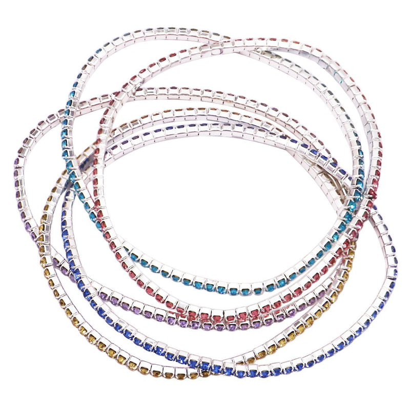 5 Sparkling Crystal Rhinestone Stacking Stretch Bracelets, 2.25" (Silver Tone Pastel Rainbow)