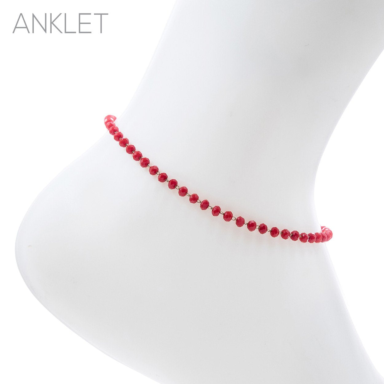 3mm Glass Crystal Bead Chain Ankle Bracelet Anklet, 9"-11" with 2" Extender (Poppy Red)