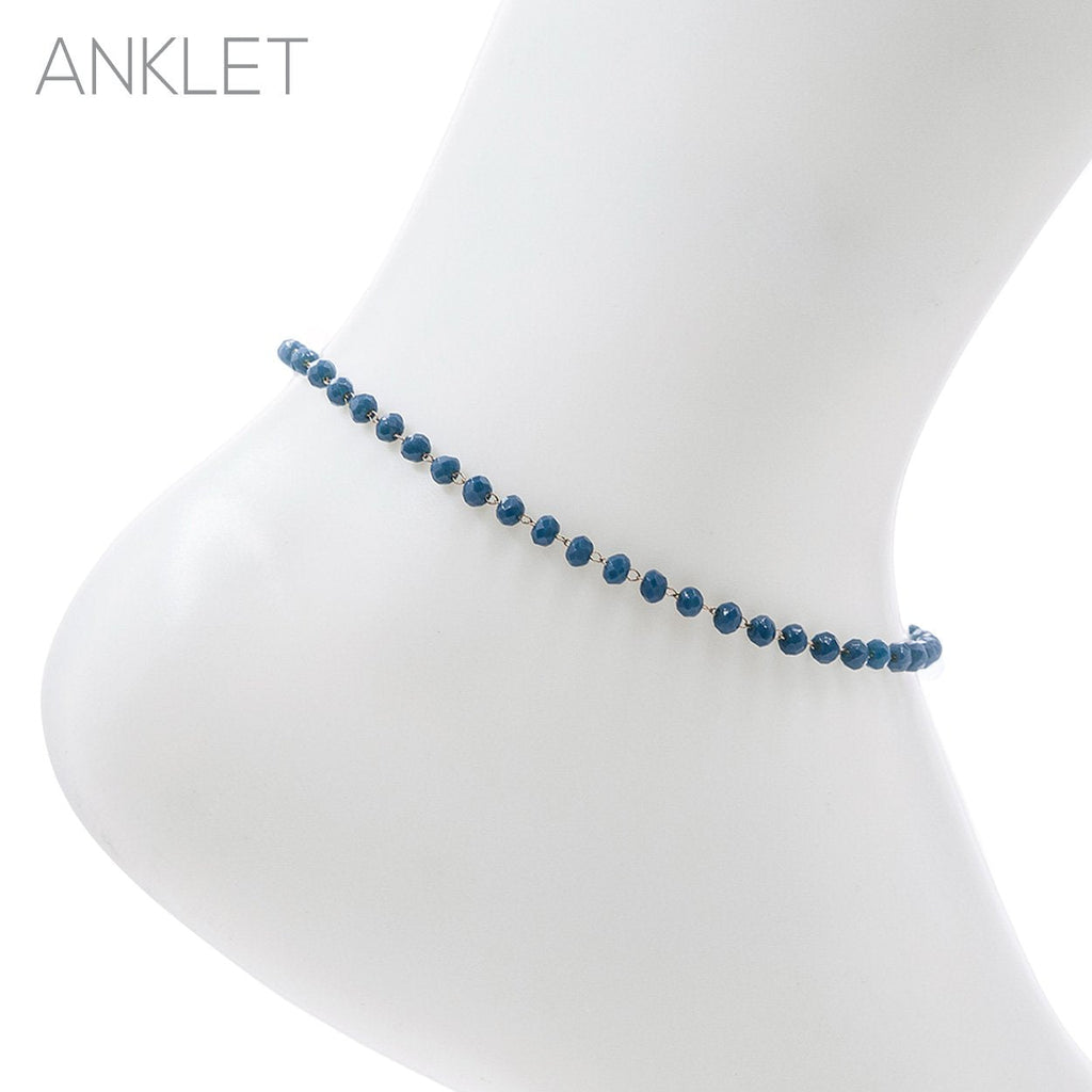 3mm Glass Crystal Bead Chain Ankle Bracelet Anklet, 9"-11" with 2" Extender (Montana Blue)