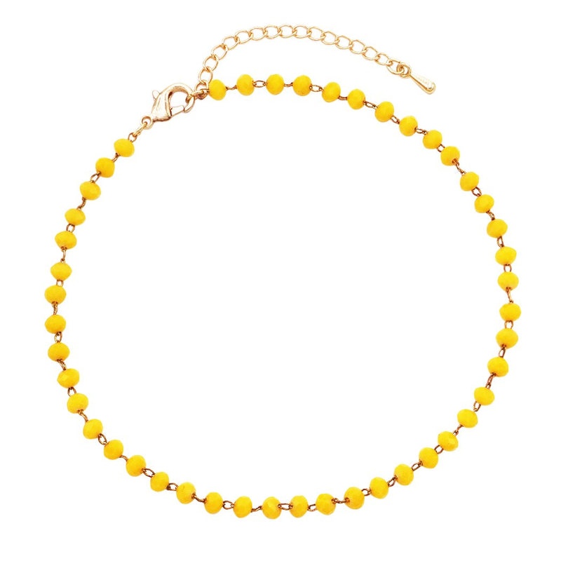 3mm Bright Color Glass Crystal Bead Chain Ankle Bracelet Anklet, 9"-11" with 2" Extender (Sunshine Yellow)