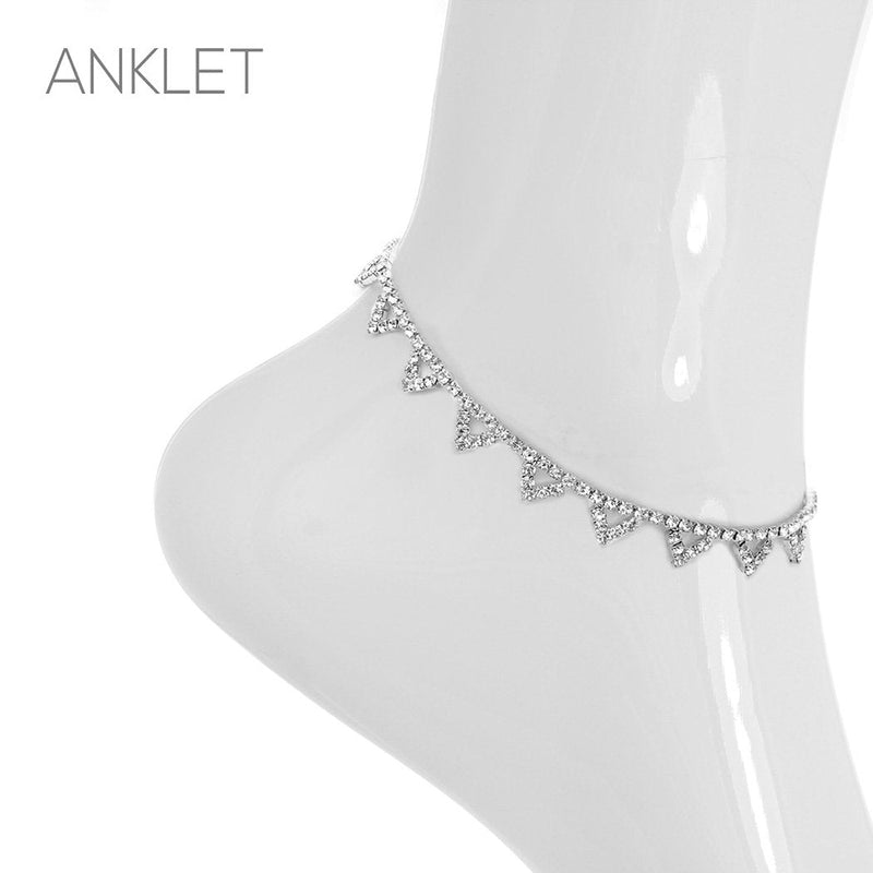 Rhinestone Crystal Adjustable Ankle Bracelet With Triangle Detail (Silver)