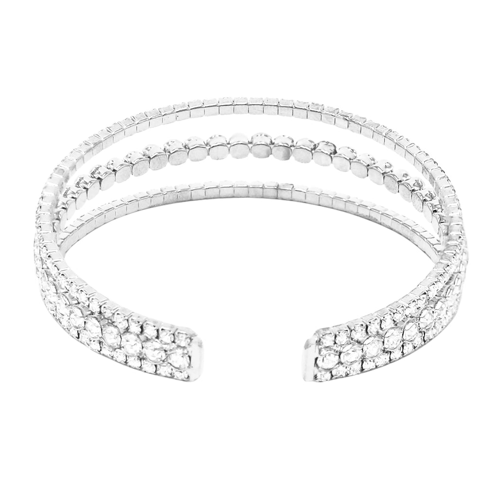 Stunning Triple Row Rhinestone Flexible Wire Cuff Bracelet, 2.25" (Silver Tone)