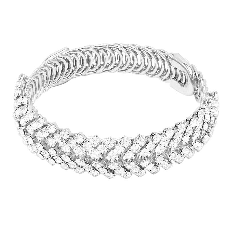 Stunning Chevron Crystal Rhinestone Flex Wire Cuff Bracelet, 8.5" (Silver Tone)