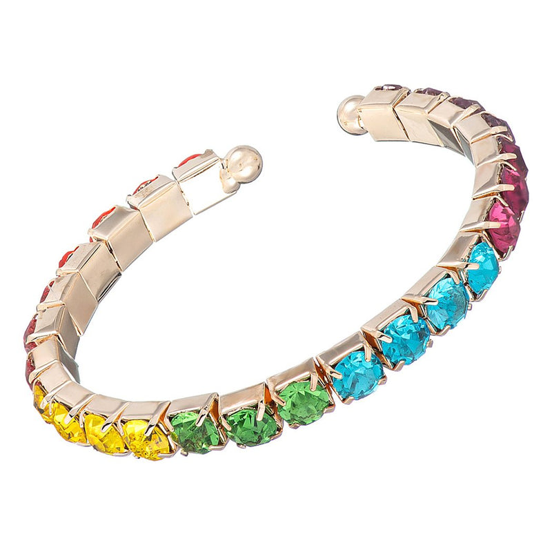 Comfort Flex 6mm Crystal Rhinestone Bangle Cuff Bracelet (Rainbow/Gold Tone)