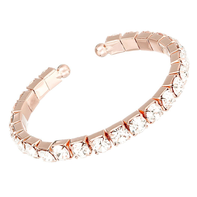 Comfort Flex 6mm Crystal Rhinestone Bangle Cuff Bracelet (Clear/Rose Gold)