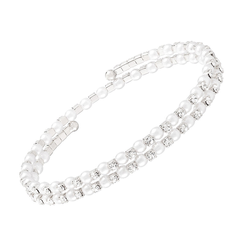 Dainty Simulated Pearl And Crystal Rhinestone Wire Coil Wrap Around Cuff Bracelet, 13" (Silver Tone)
