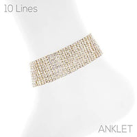 Stunning 10 Row Crystal Rhinestone Ankle Bracelet Anklet, 8.75"+2" Extender (Gold Tone)