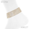 Stunning 10 Row Crystal Rhinestone Ankle Bracelet Anklet, 8.75"+2" Extender (Gold Tone)