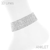 Stunning 10 Row Crystal Rhinestone Ankle Bracelet Anklet, 8.75"+2" Extender (Silver Tone)