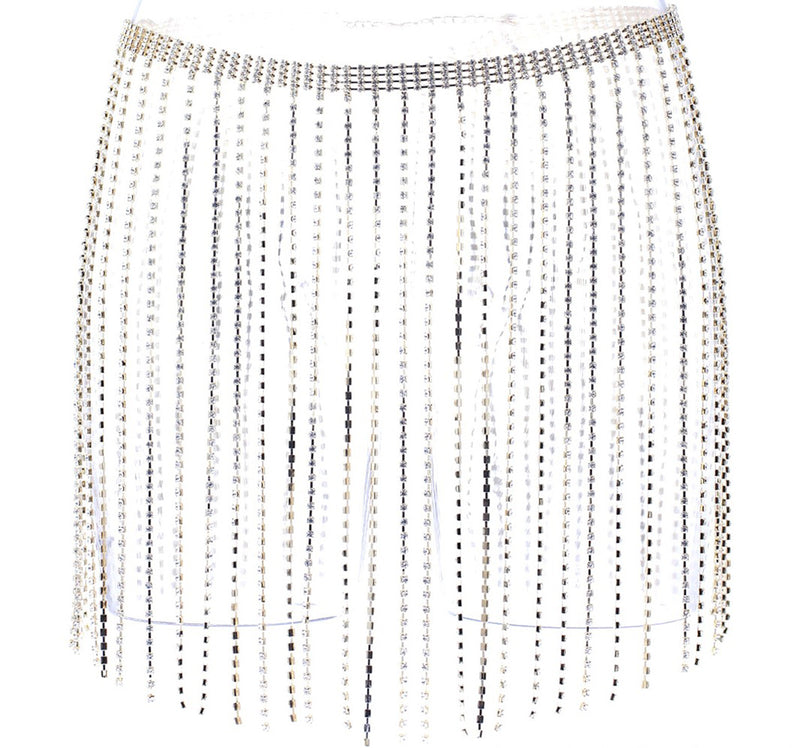 Stunning Gold Tone Crystal Rhinestone Fringe Statement Body Chain Skirt Belt, 28"+10" Extender