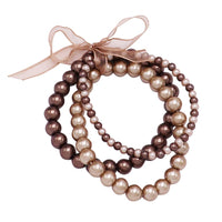 Elegant Gold And Brown Autumn Mix Of Faux Pearls Beaded Set Of 3 Stacking Stretch Bracelets, 2.5"