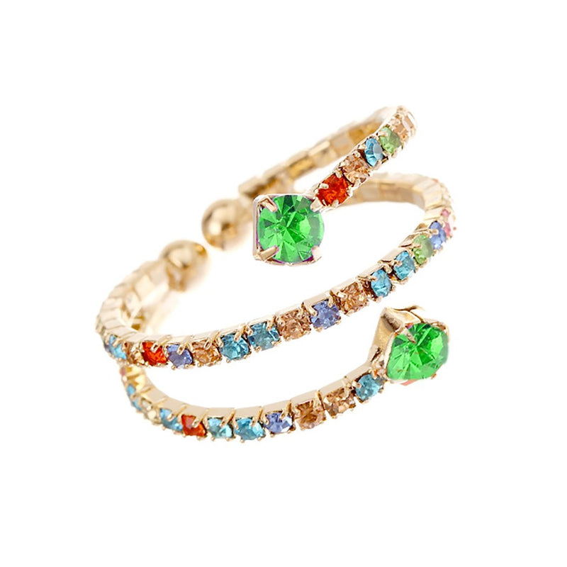 Sparkling Crystal Rhinestone Memory Flex Wire Stacking Cuff Style Ring (Double Green Rainbow Crystal/Gold Tone)