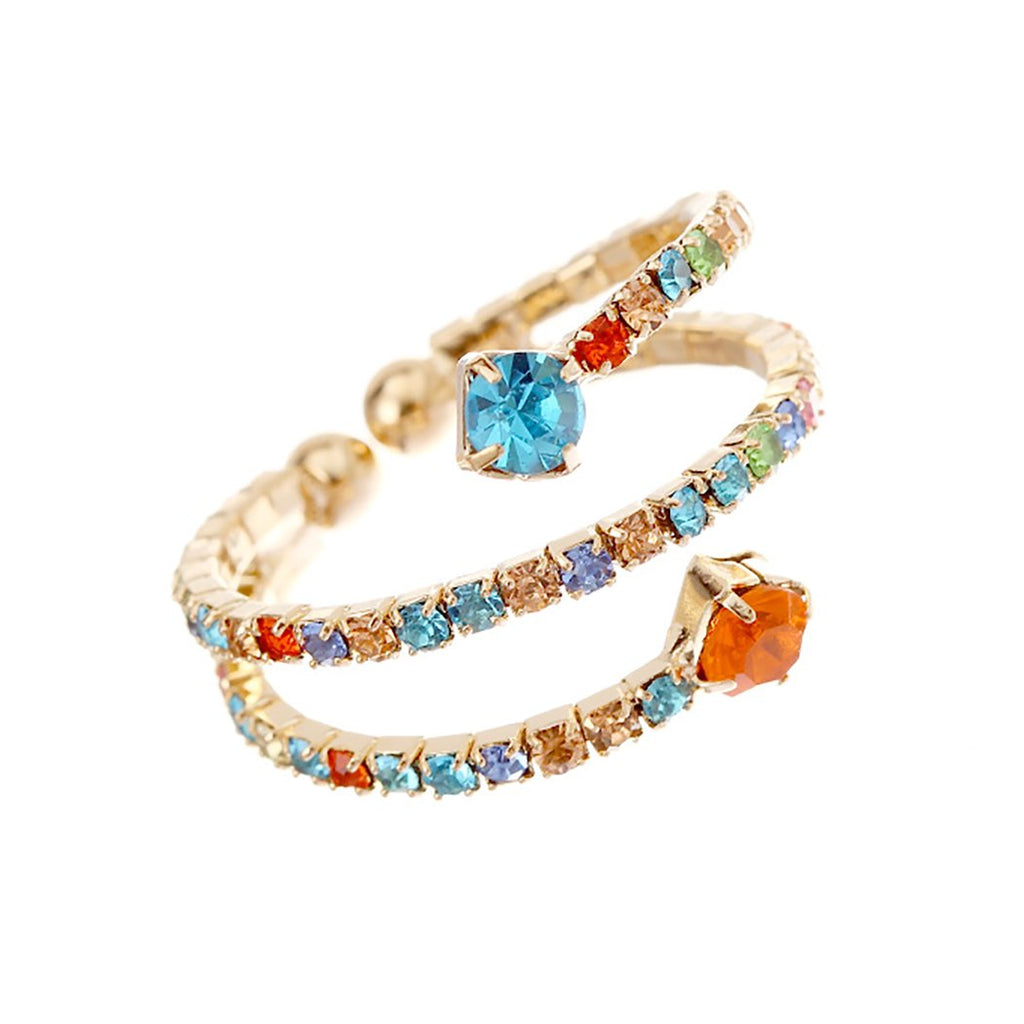 Sparkling Crystal Rhinestone Memory Flex Wire Stacking Cuff Style Ring (Orange Blue Rainbow Crystal/Gold Tone)