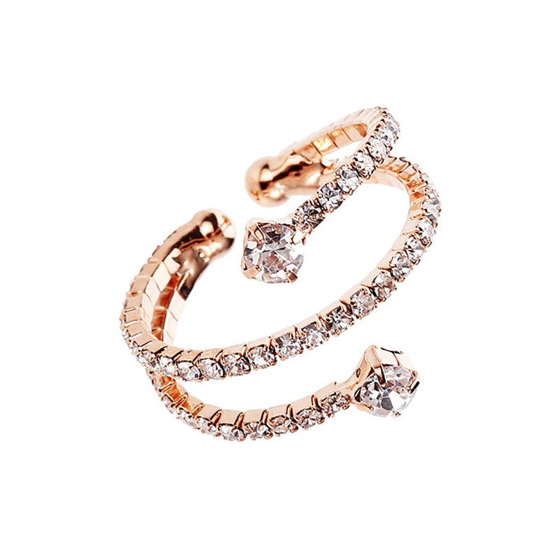 Sparkling Crystal Rhinestone Memory Flex Wire Stacking Cuff Style Ring (Clear Crystal/Rose Gold Tone)