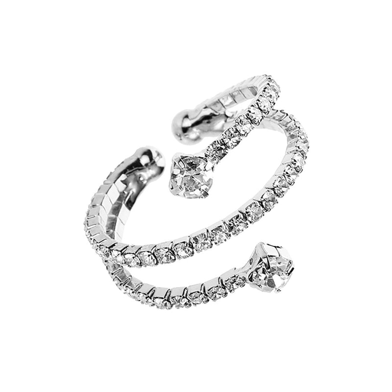 Sparkling Crystal Rhinestone Memory Flex Wire Stacking Cuff Style Ring (Clear Crystal/Silver Tone)