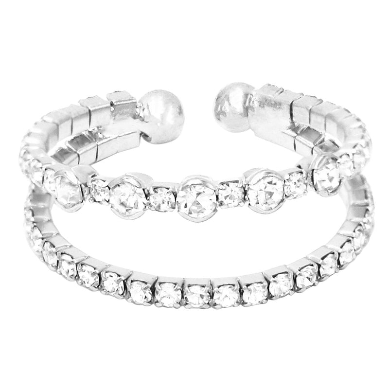 Sparkling Crystal Rhinestone Split Band Memory Flex Wire Stacking Cuff Style Ring (Silver Tone)