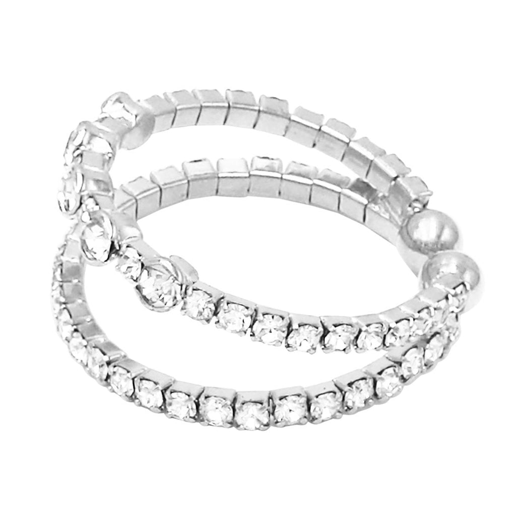 Sparkling Crystal Rhinestone Split Band Memory Flex Wire Stacking Cuff Style Ring (Silver Tone)
