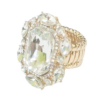 Statement Emerald Cut Glass Crystal Stretch Cocktail Ring (Clear Crystal Gold Tone)