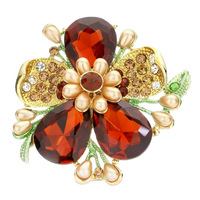 Stunning Statement Crystal Teardrop And Pave Petals With Simulated Pearl Flower Large Stretch Cocktail Ring (Golden Brown Topaz Gold Tone)