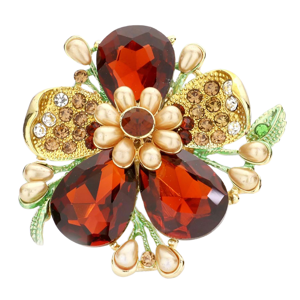 Stunning Statement Crystal Teardrop And Pave Petals With Simulated Pearl Flower Large Stretch Cocktail Ring (Golden Brown Topaz Gold Tone)