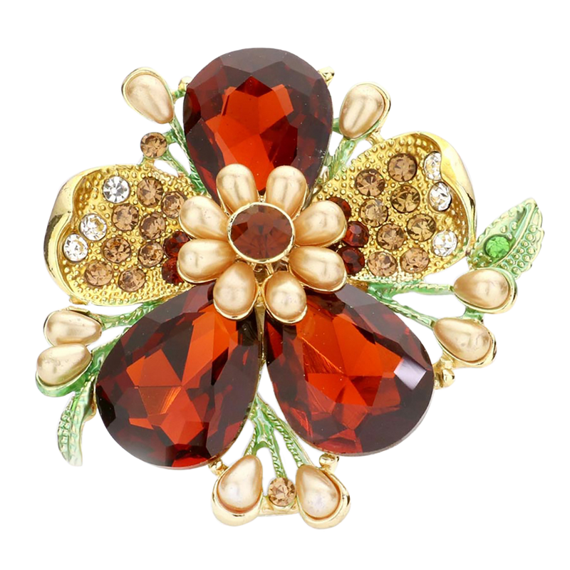 Stunning Statement Crystal Teardrop And Pave Petals With Simulated Pearl Flower Large Stretch Cocktail Ring (Golden Brown Topaz Gold Tone)