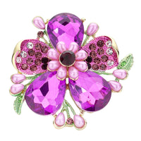 Stunning Statement Crystal Teardrop And Pave Petals With Simulated Pearl Flower Stretch Cocktail Ring (Bright Purple Crystal Gold Tone - Large)