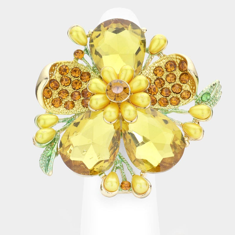 Stunning Crystal Pave Teardrop and Simulated Pearl Flower Stretch Statement Cocktail Ring (Yellow Crystal Gold Tone)