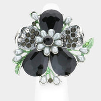 Stunning Crystal Pave Teardrop and Simulated Pearl Flower Stretch Statement Cocktail Ring (Jet Black Crystal Silver Tone)