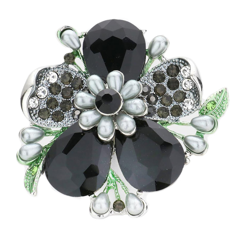 Stunning Crystal Pave Teardrop and Simulated Pearl Flower Stretch Statement Cocktail Ring (Jet Black Crystal Silver Tone)