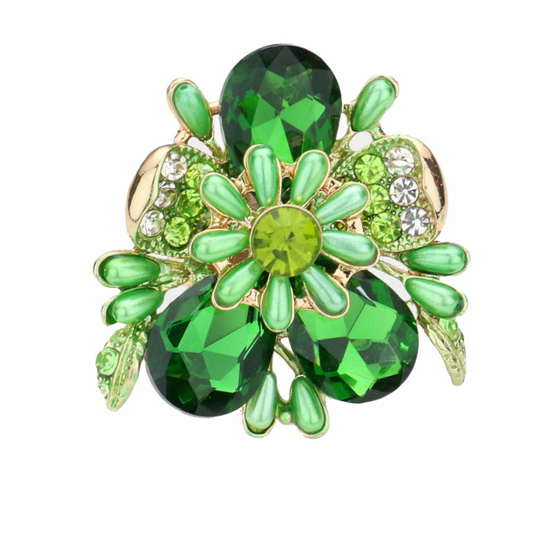 Stunning Statement Crystal Teardrop And Pave Petals With Simulated Pearl Flower Stretch Cocktail Ring, 1.75" (Bright Green Crystal Gold Tone)
