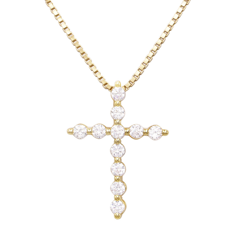 Made In Italy Dainty Gold Plated Sterling Silver Box Chain And Stunning Crystal Rhinestone Christian Cross Necklace Pendant, 18"