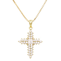 Made In Italy Dainty Gold Plated Sterling Silver Box Chain And Stunning Crystal Rhinestone Passion Christian Cross Necklace Pendant, 18"