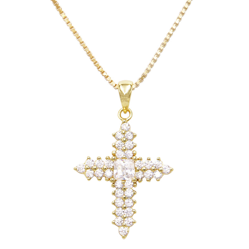 Made In Italy Dainty Gold Plated Sterling Silver Box Chain And Stunning Crystal Rhinestone Passion Christian Cross Necklace Pendant, 18"