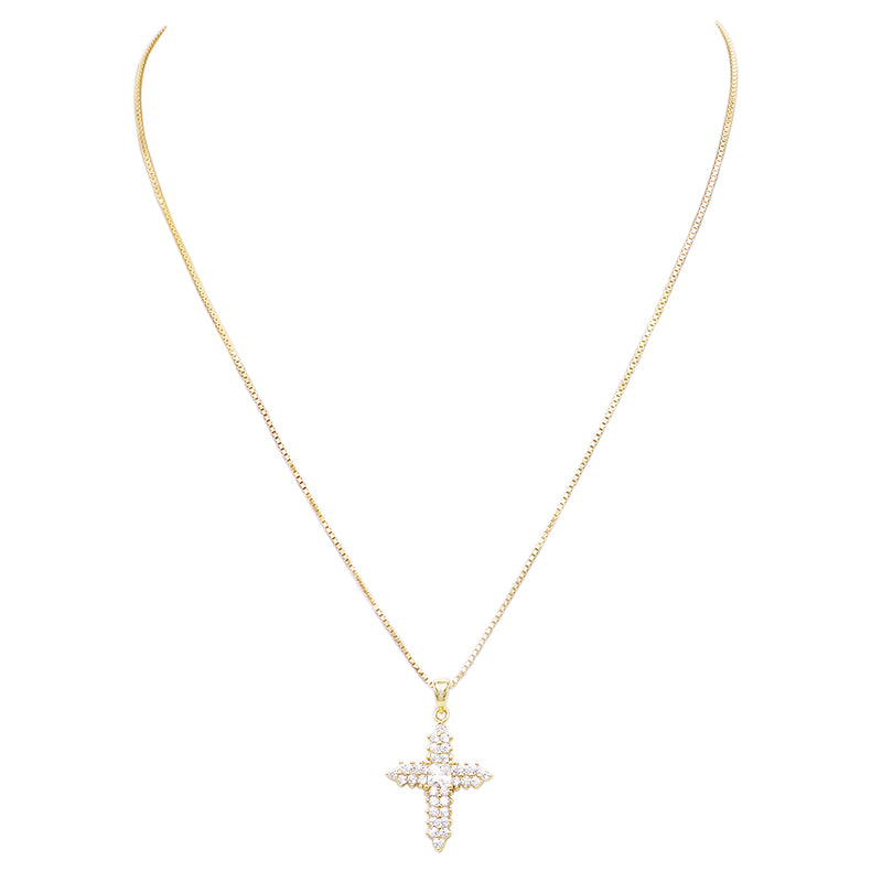 Made In Italy Dainty Gold Plated Sterling Silver Box Chain And Stunning Crystal Rhinestone Passion Christian Cross Necklace Pendant, 18"