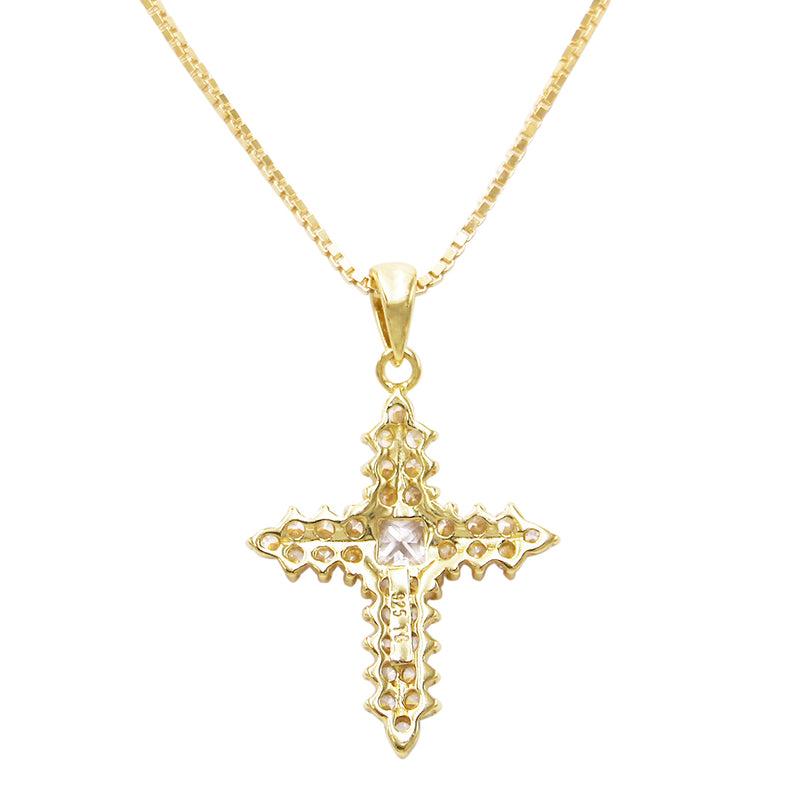 Made In Italy Dainty Gold Plated Sterling Silver Box Chain And Stunning Crystal Rhinestone Passion Christian Cross Necklace Pendant, 18"