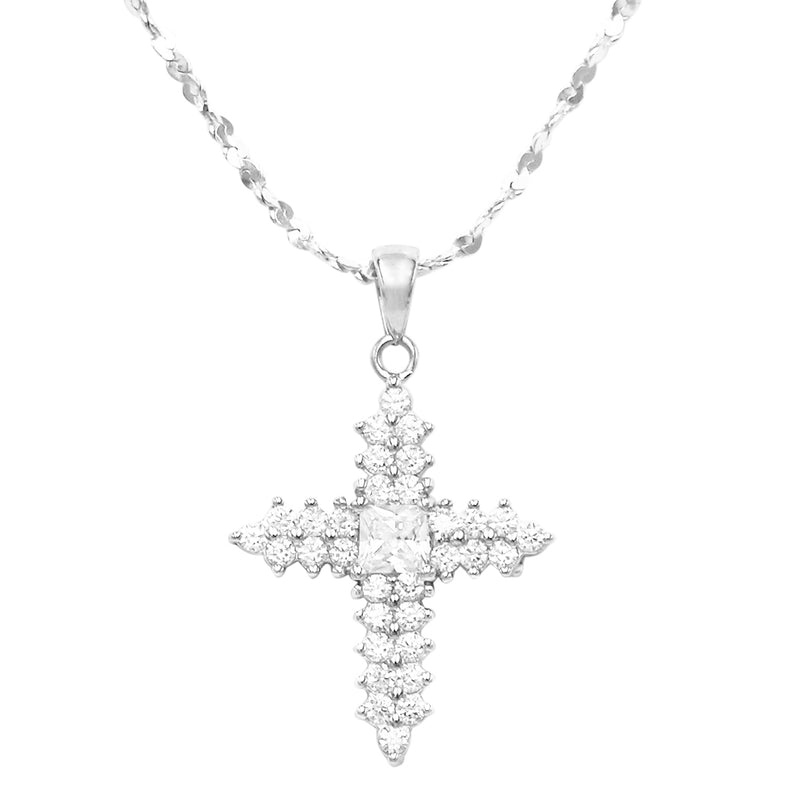 Made In Italy Dainty Sterling Silver Serpentine Chain And Stunning Crystal Rhinestone Passion Christian Cross Necklace Pendant, 18"