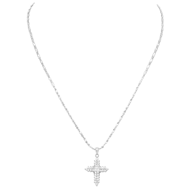 Made In Italy Dainty Sterling Silver Serpentine Chain And Stunning Crystal Rhinestone Passion Christian Cross Necklace Pendant, 18"