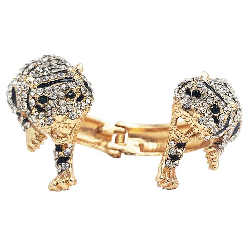 Stunning Three Dimensional Crystal Encrusted Double Tiger Hinged Cuff Bracelet, 6.75" (Gold Tone)