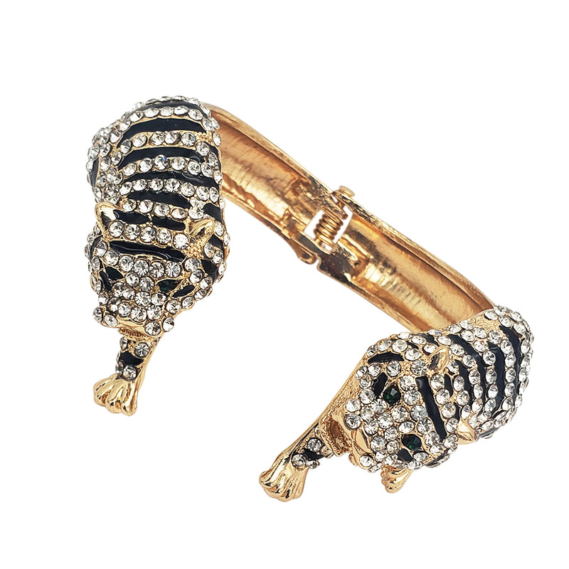 Stunning Three Dimensional Crystal Encrusted Double Tiger Hinged Cuff Bracelet, 6.75" (Gold Tone)