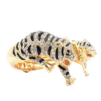 Stunning Three Dimensional Crystal Encrusted Double Tiger Hinged Cuff Bracelet, 6.75" (Gold Tone)