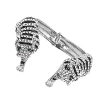 Stunning Three Dimensional Crystal Encrusted Double Tiger Hinged Cuff Bracelet, 6.75" (Silver Tone)